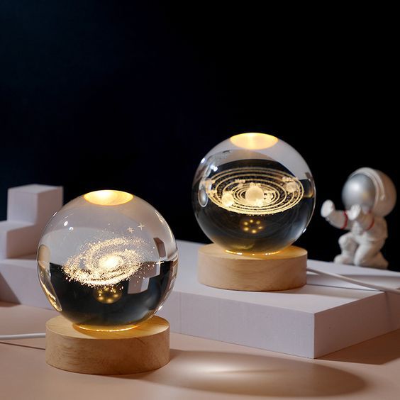 3D Galaxy Crystal Ball Lamp with Wooden LED Base